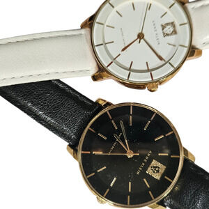 Anne Klein Watch Set of 2 Black and White Genuine Leather Gold Tone Minimalist